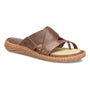 Sandal, brown full grain leather, Born Sorja with crisscross straps, toe loop, and cork-infused outsole for comfort.