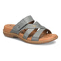 Sandal, gray leather Born Shawna with strappy design, tan cushioned sole and metallic accent on top strap.