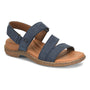 Sandal, Born Seak navy leather with three straps, cushioned footbed, flat brown sole, shown angled.