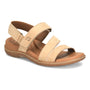 Sandal, tan nubuck leather, two straps, adjustable ankle strap, cushioned sole. Born Seak on white background.