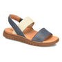 Sandal, blue and tan leather, two straps, open toe, flat brown sole. Born Amabel style shown angled on white background.