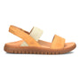 Sandal, tan/beige leather, open toe with two straps and brown sole. Born Amabel, side profile.