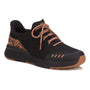 Shoe by Drew Shoes, black fabric with leopard print accents, orange laces, no-hands entry, textured rubber sole.