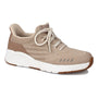 Athletic shoe, beige mesh with white laces and sole, Drew Shoes Bandit, side view. Features wide toe box for comfort.