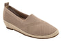 Flat shoe, beige woven material, rounded toe, slip-on design, slip-resistant raised sole by David Tate Bianca.
