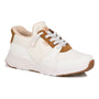 Shoe, Drew Shoes Bobbie, white leather with tan suede accents, removable insoles, textured rubber sole on white background.