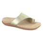Sandal, Strive Capri 4: gold metallic toe-post, cushioned footbed, tan sole, angled view.
