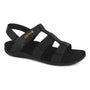 Sandal, black, with three straps, arch support, and “strive” gold embroidery on side; Strive Cassis model.