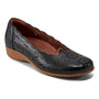 Shoe, Cobb Hill Rory, black leather with tan sole, scalloped edge, floral cutouts, cushioned footbed for comfort.