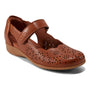 Shoe, brown leather; Cobb Hill Rully Mary Jane with arch support, low wedge, floral laser-cut toe and sides.