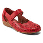 Mary-Jane shoe, red leather, Cobb Hill Rully with floral laser-cuts, adjustable strap, and visible arch support.