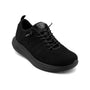 Shoe, black knit upper Woolloomooloo Coogee, lace-up, thick sole, machine-washable, shows cushioned support features.