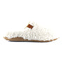 Slipper, white fuzzy upper, memory foam footbed, brown sole; Strive Copenhagen branding on side tag, left view.
