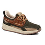 Orthopedic sneaker, Drew Shoes Channing; green, brown and tan panels, mesh sides, white sole, angled view.