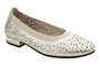Flat shoe, metallic beige leather with laser cutouts, low block heel; David Tate Concept on white background.