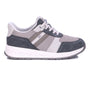Shoe, Drew Shoes Connor, gray/white mesh and suede with laces, speckled foam sole for cushioning, shown in profile.