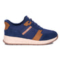 Orthopedic sneaker, Drew Shoes Connor, navy blue/brown leather, white speckled sole, shown right profile.