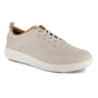 Shoe, Strive Dash: beige mesh upper, breathable lining, white sole, brown inner lining for comfort.
