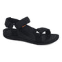 Sandal, black synthetic, by Strive’s Drift with adjustable straps and supportive footbed, displayed on white background.