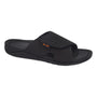 Sandal, black water-friendly material, open toe, adjustable strap, small orange logo; Strive Dune comfort slide.