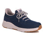 Sneaker by Drew Shoes, blue leather, white laces and sole, tan textured outsole, comfort design visible at an angle.