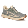 Therapeutic lace-up shoe by Drew Shoes in gray/beige, patterned side, textured sole, designed for support.