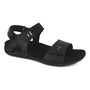 Sandal, black synthetic, open toe with adjustable straps and flat sole for walking comfort. The Strive Float II.