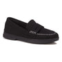 Loafer, Ginny by Ros Hommerson: black textured leather with white stitching, arch support, black sole.