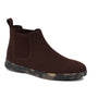 Boot by Ros Hommerson in brown with water-resistant knit uppers, camo-pattern rubber sole, Chelsea style.