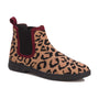 Chelsea boot by Ros Hommerson in tan/black leopard knit with burgundy panels, black sole, and removable insoles.