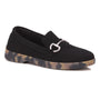 Loafer, black knit, slip-on, Ros Hommerson Gwyneth with silver horsebit, camo rubber sole, water-resistant.
