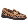 Shoe, Ros Hommerson Gwyneth: tan slip-on loafer, black leopard print, gold buckle, arch support, water-resistant sole.