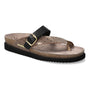 Sandal, Mephisto Helen Mix: brown patterned strap, black buckle, cork footbed, black sole, classic thong style.
