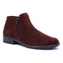 Boot, brown suede, Naot Helm with side zipper, removable cork footbed, low heel on white background.