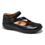 Mary Jane shoe, black, by Halsa Footwear Ava, textured heel, orthotic footbed, side button, crisscross instep strap.