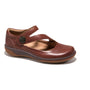 Mary Jane shoe, brown leather, Halsa Footwear Ava, strap with button, antimicrobial insole, rubber sole on white background.