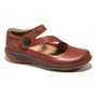 Maryjane shoe, brown leather, Ava by Halsa Footwear with antimicrobial footbed, criss-cross straps, two-tone sole.