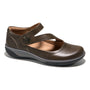 Maryjane shoe, brown leather, by Halsa Footwear with crisscross straps, button detail, orthotic footbed, rubber sole.