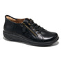 Shoe, black leather, with laces and side zipper; low heel; orthotic insole for support. Halsa Footwear Alma.