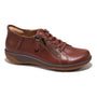 Shoe, brown leather, Alma by Halsa Footwear with laces, side zipper, orthotic footbed, low heel, textured sole, side view.