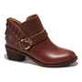 Boot by Halsa Footwear, brown leather, ankle height, low heel, studs, buckle, embossed floral detail.