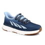 Shoe, Drew Shoes Halo II, blue slip-on with white stripes, gum sole, black-and-white laces. Comfort features not visible.