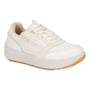 Sneaker by Drew Shoes in white leather, lace-up, beige lining, light brown sole, Walk Right Technology for support.