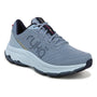 Sneaker, light blue mesh Ryka Devotion X Max, white sole, dark blue accents, angled view, shock absorption visible.
