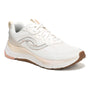 Sneaker in light beige with pink, Ryka Uplift Lx, shown angled; shock absorption for comfort.