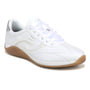Sneakers, Ryka Era: white low-top with tan sole, white laces, wavy stitching; designed for casual comfort and support.