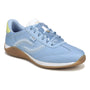 Sneaker, Ryka Era women’s, light blue with satin laces, white stitching, tan sole, yellow heel; cushioned midsole.