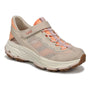 Sneaker in light beige and peach mesh, Ryka Devotion Max Fisherman, velcro strap, ridged sole for support.