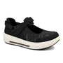 Mary Jane shoe, black with white platform and Velcro strap by Drew Shoes, comfort insole, shown on white background.