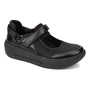 Shoe, black leather, Janice by Drew Shoes, orthopedic Mary Jane with cushioned sole and Velcro strap on white background.